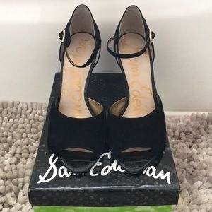 Sam Edelman Black Suede open toe strap wedges